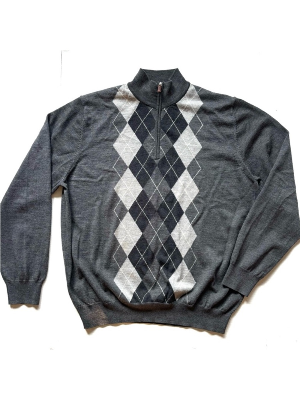 100% Merino Wool Long Sleeve Zip Pullover Sweater Argyle Gray Mens XL NWOT‎